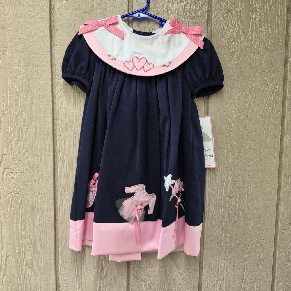 Vintage Rare Editions Dress Size 4 Blue With Pink Ballet Theme Bib Collar